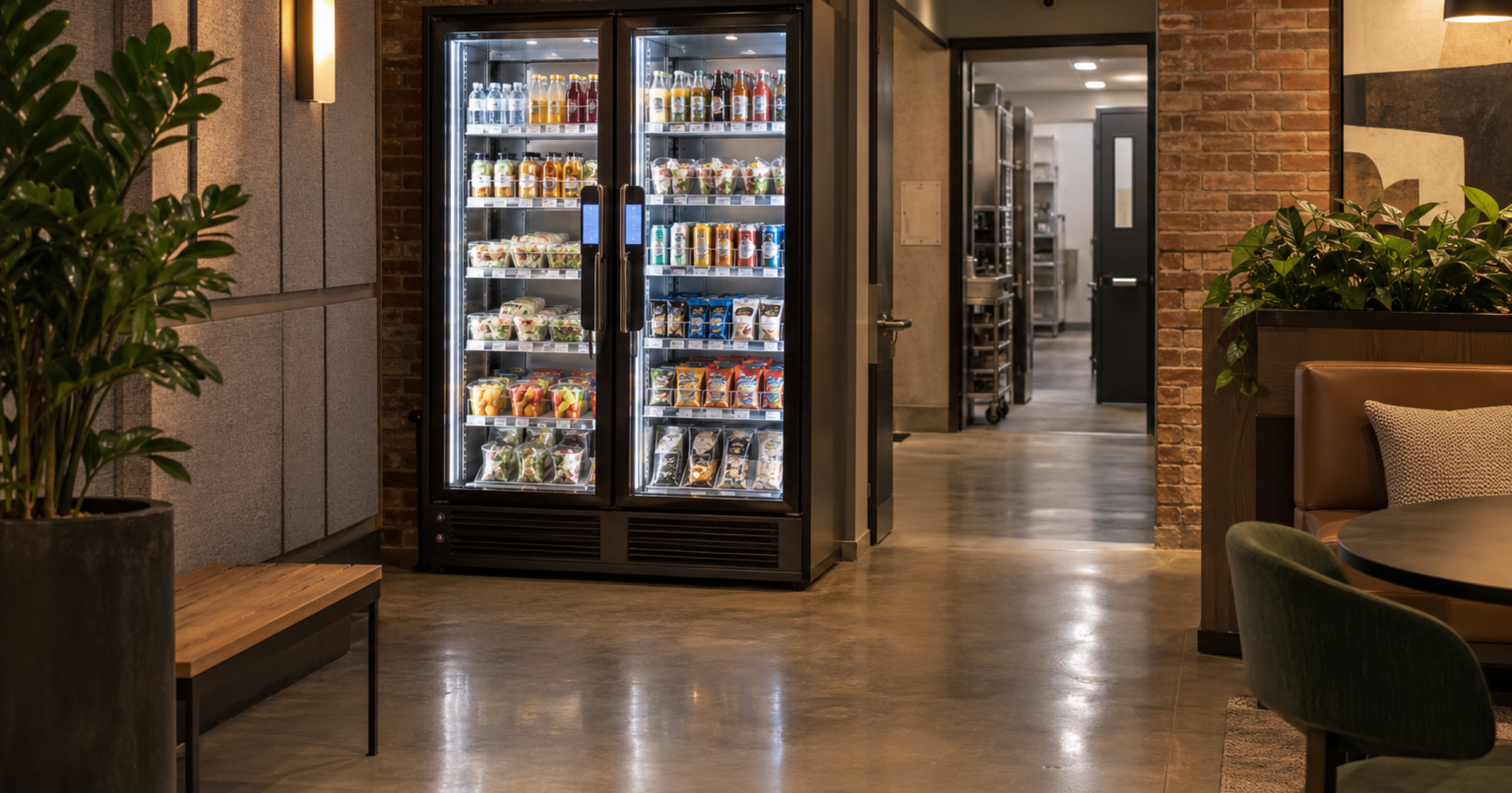 Revvolto smart vending cooler in a retail staff corridor with stocked food and drink access