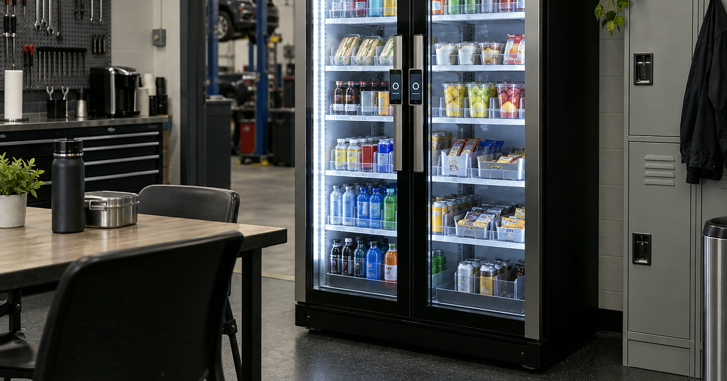 Revvolto smart cooler in an auto repair technician break area with stocked grab-and-go options