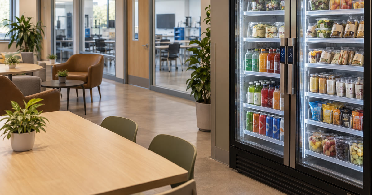 Revvolto glass smart cooler for campus training rooms with fresh food and drink options