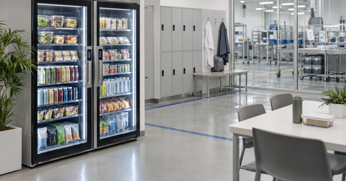 Dual-door smart vending cooler in a cleanroom-adjacent employee lounge for industrial staff