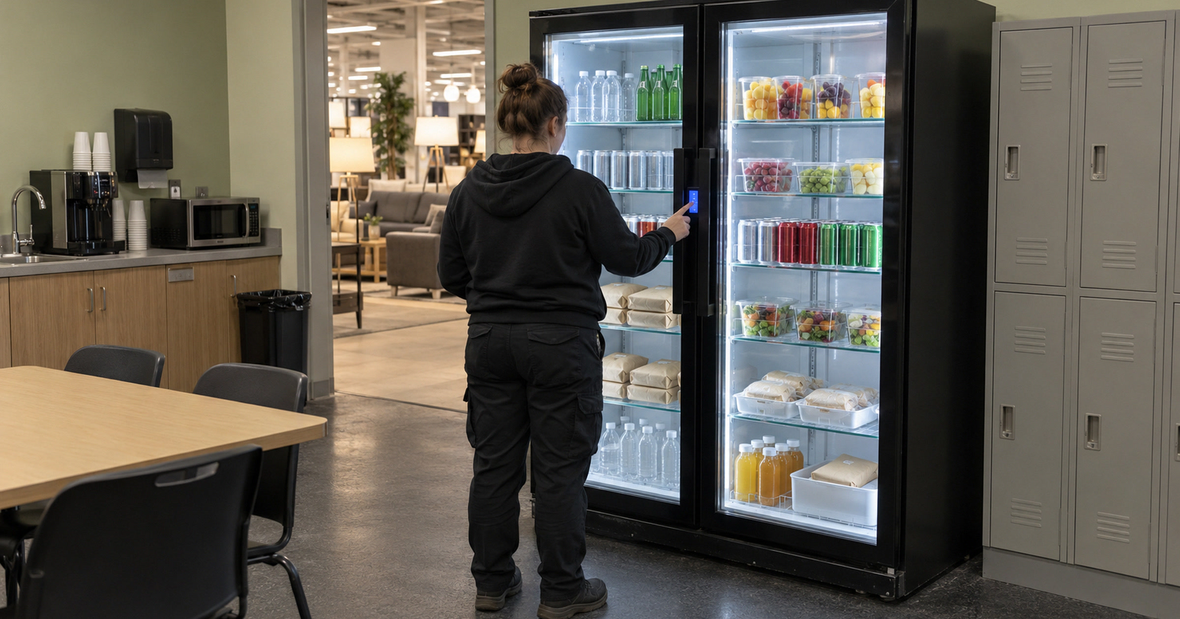 Revvolto smart vending cooler with a staff member using the handle screen in an Austin retail break room