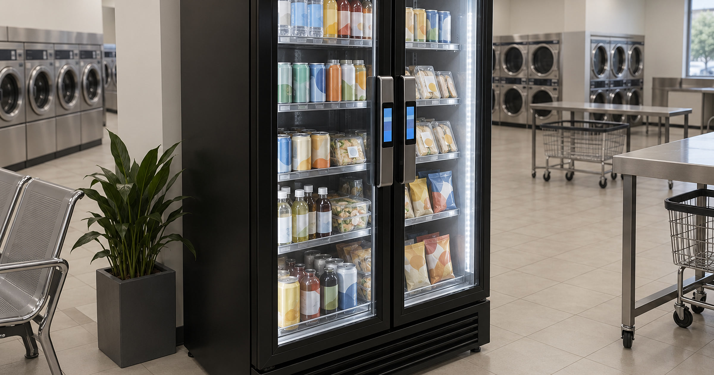 Revvolto smart vending cooler in a public laundromat folding area with clear handle screens