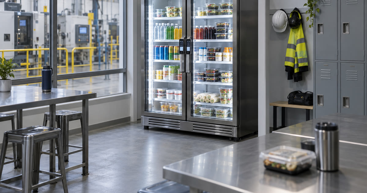 Revvolto smart cooler in a bright manufacturing breakroom with generic stocked food and drink options