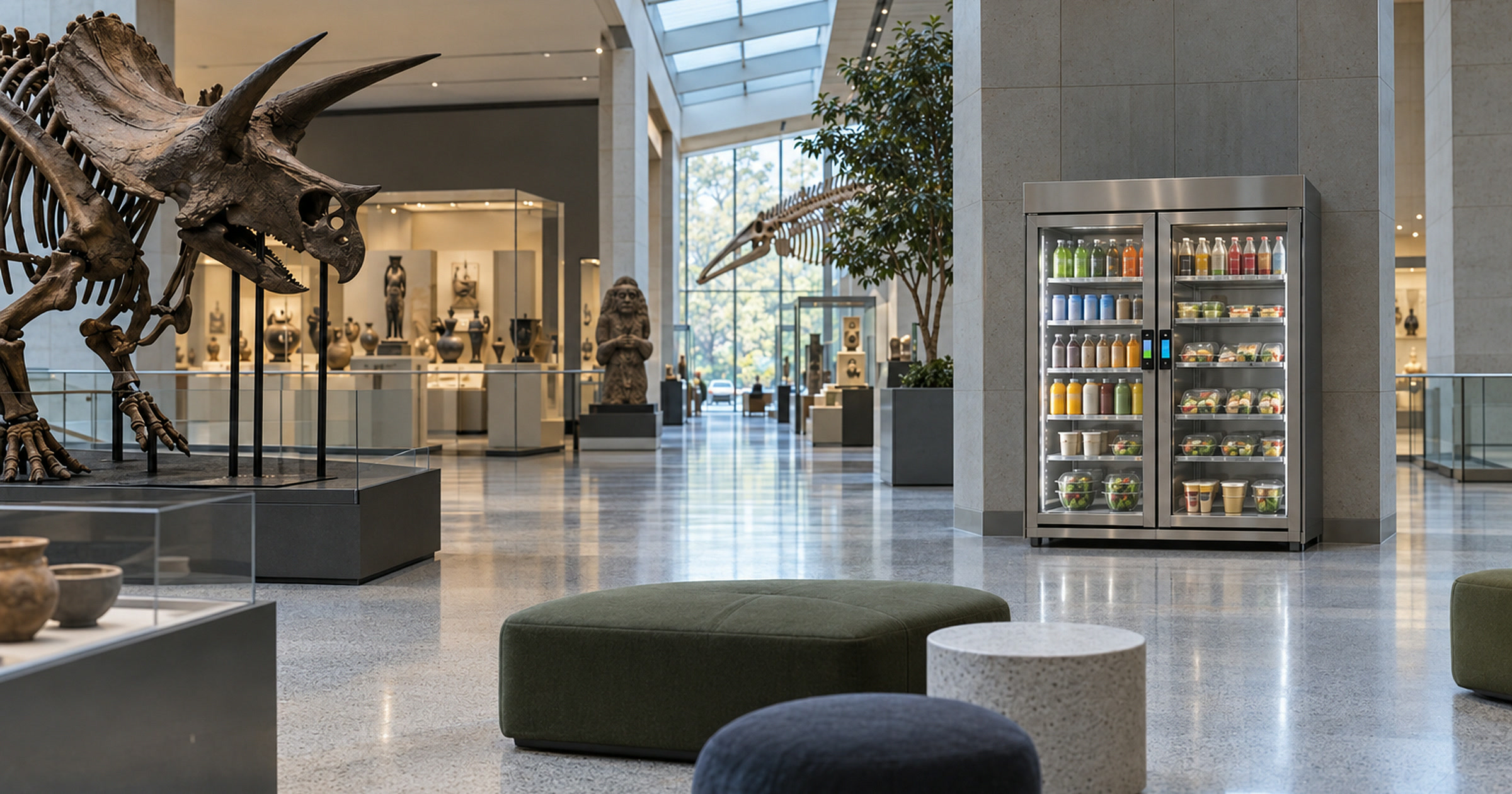 Conceptual natural-history museum visitor atrium with a Revvolto smart cooler near the retail area