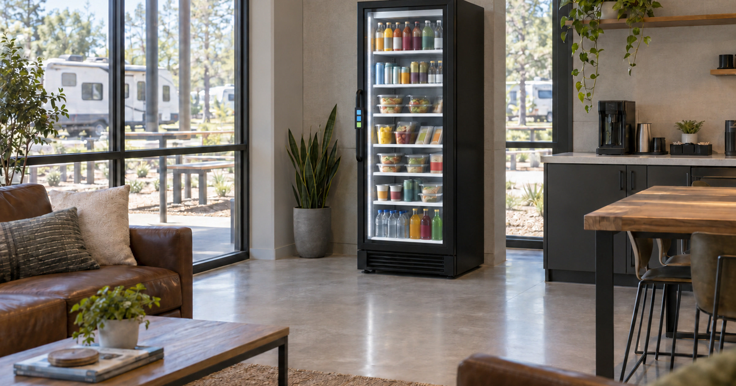 Revvolto RV park smart cooler in a daylight clubhouse with stocked glass shelves and campers visible outside