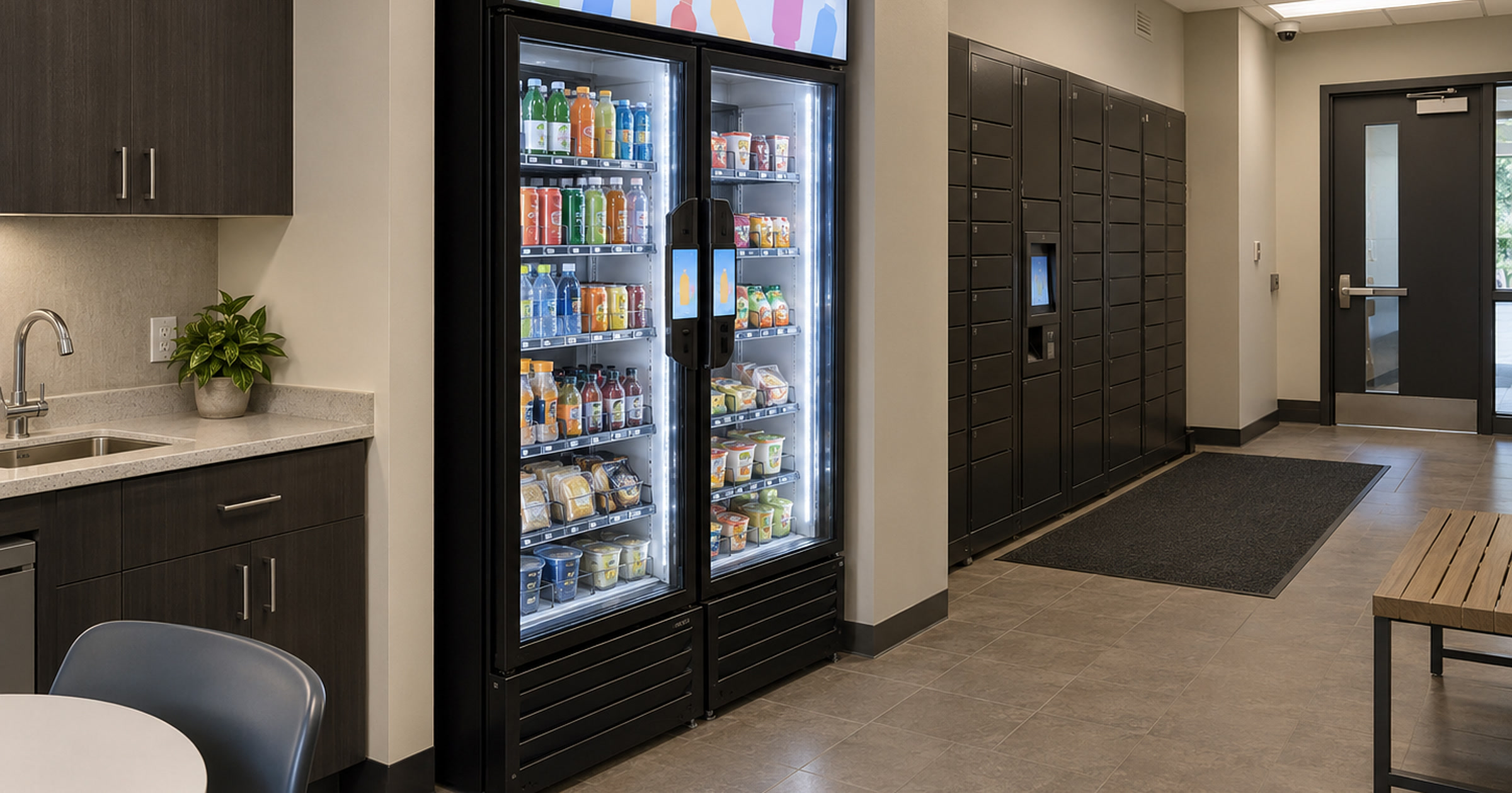 Revvolto smart vending cooler beside a residence package-room route with stocked glass doors