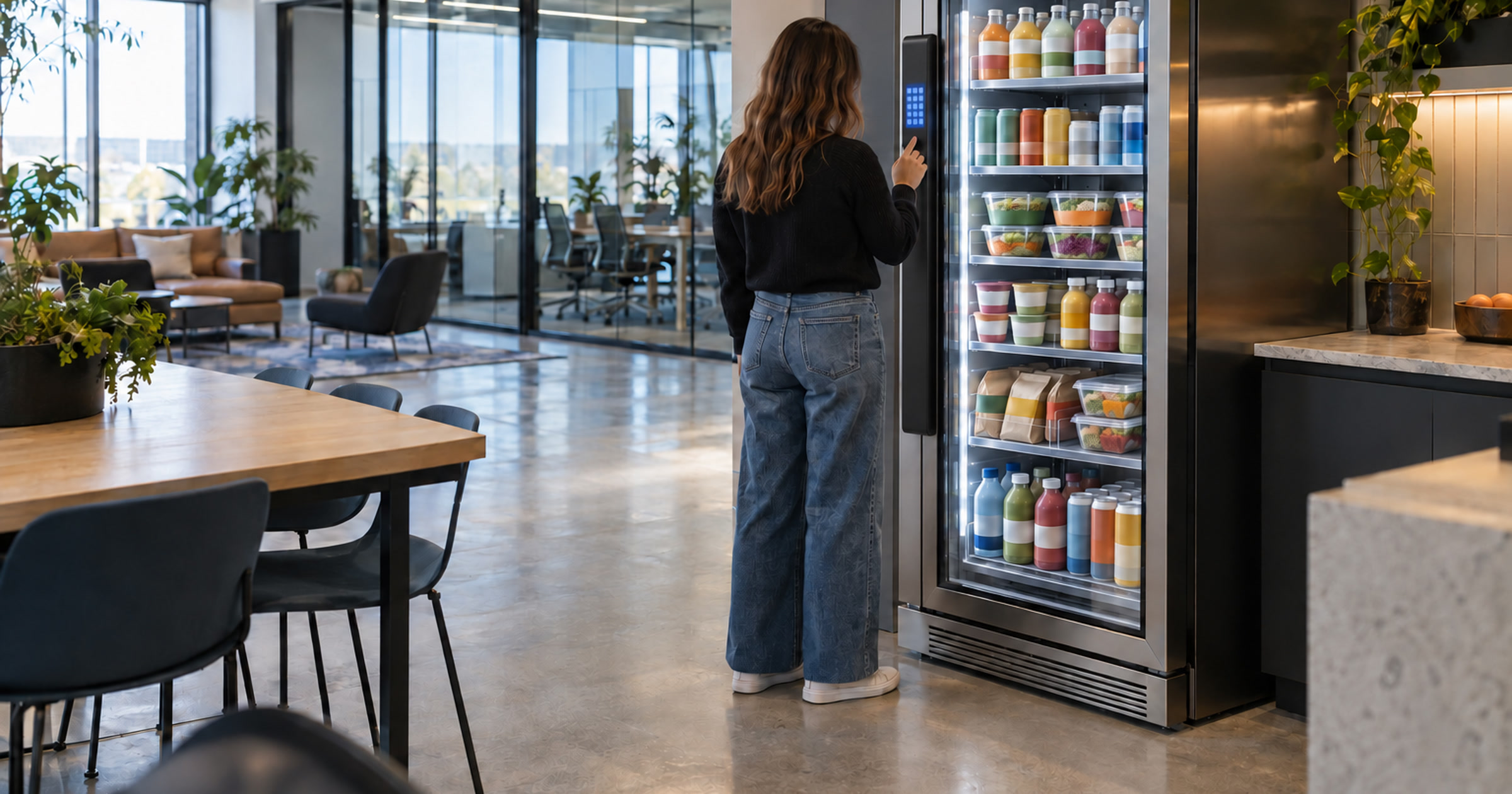 Revvolto smart fridge in a cool-daylight Austin tech office collaboration area with a visitor tapping from behind