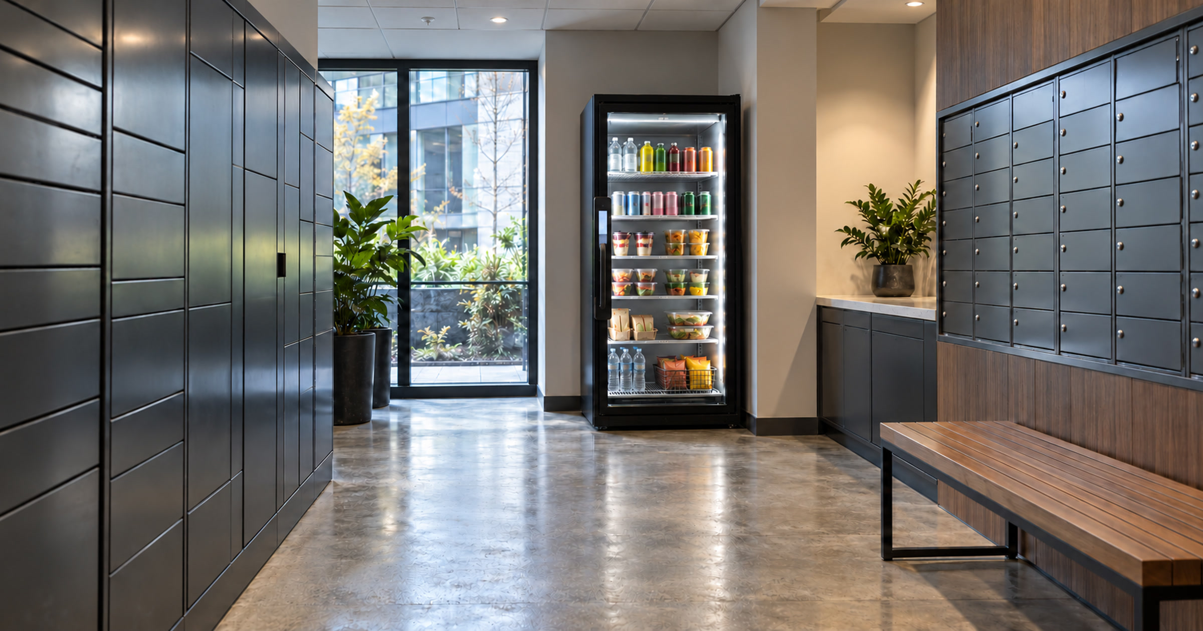 Cool daylight apartment package-room corridor with a mid-background Revvolto smart cooler near parcel lockers