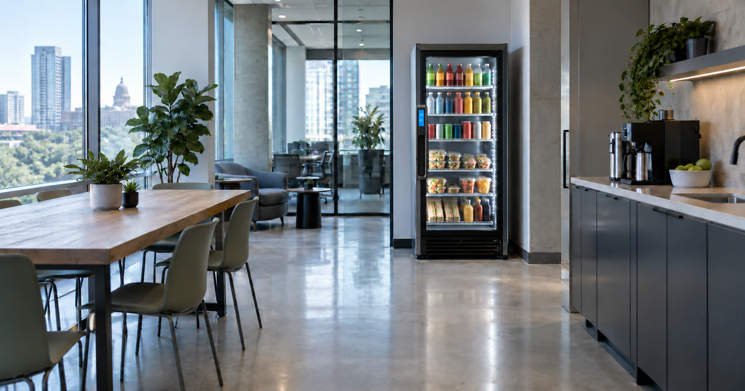 Revvolto smart cooler in a cool-daylight Austin workplace breakroom with the room leading the composition