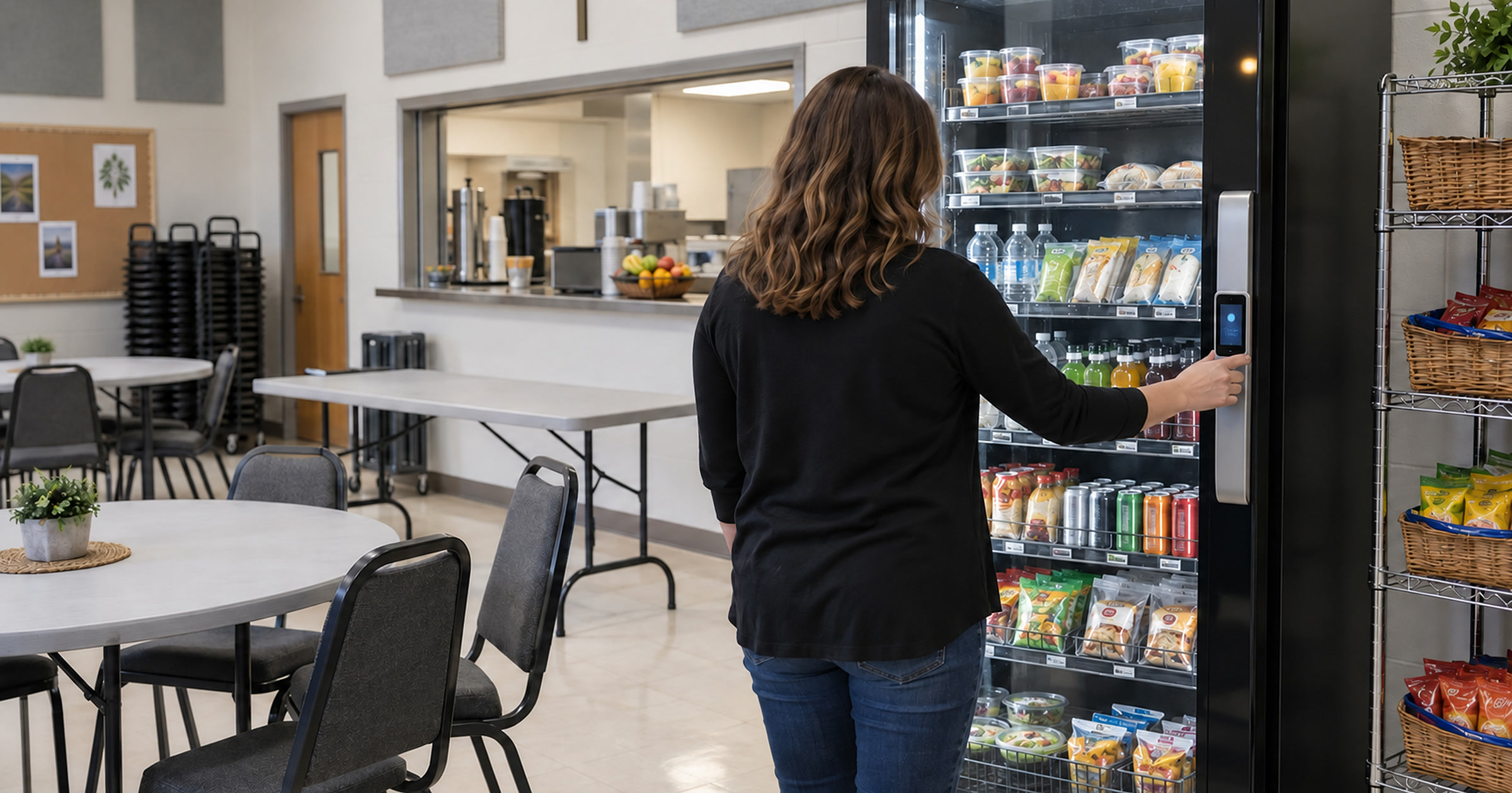Revvolto conceptual smart cooler in a church community-center fellowship hall refreshment area