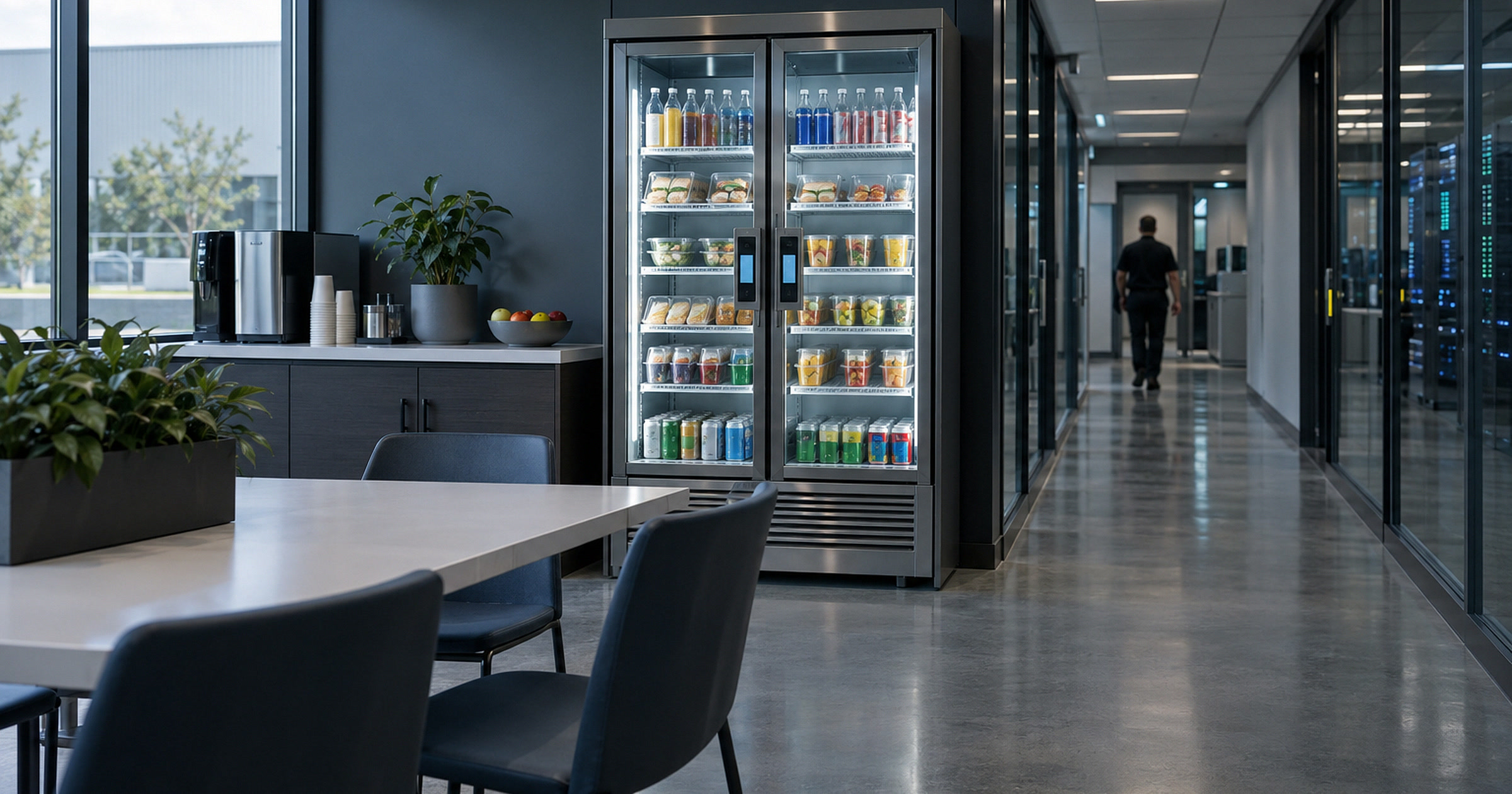 Revvolto smart cooler in a secure facility staff break area near a data center operations corridor