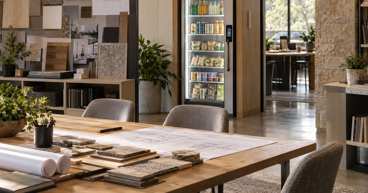 Revvolto smart vending cooler in an Austin design studio staff area with clear glass and stocked shelves