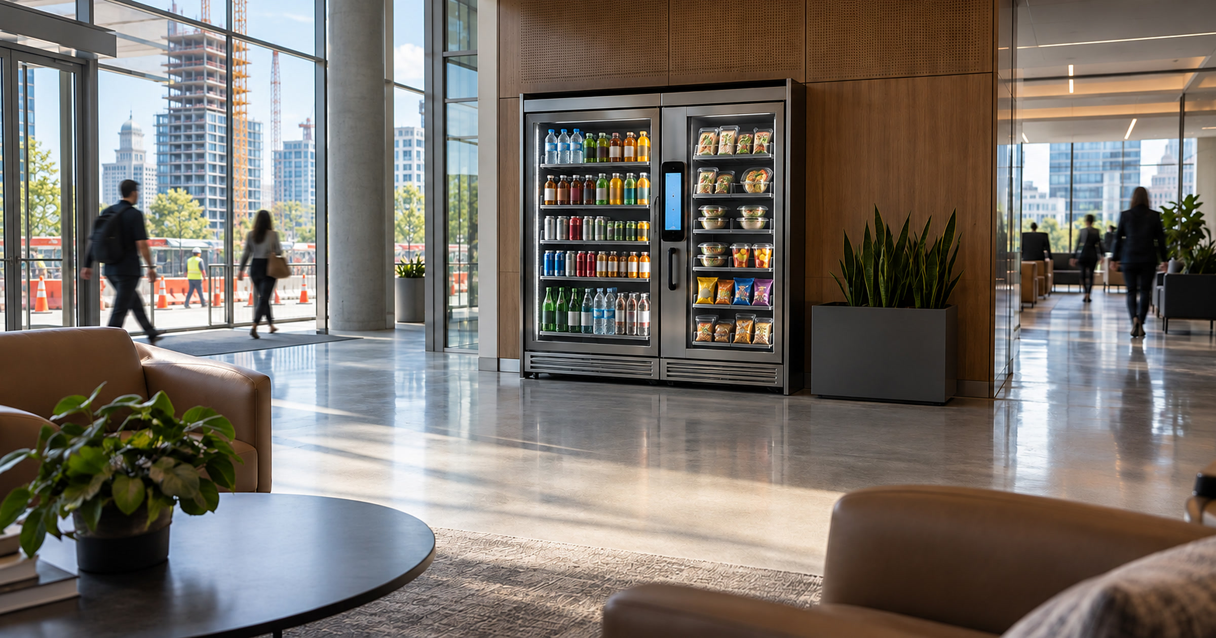 Revvolto smart cooler in an Austin downtown building lobby for construction-period food access