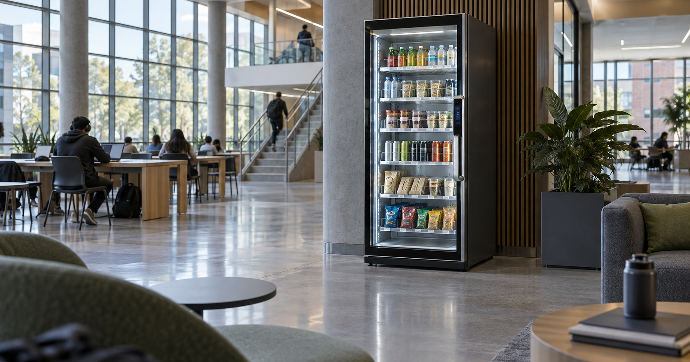 Revvolto smart cooler in a campus common area with study seating and stocked grab-and-go products