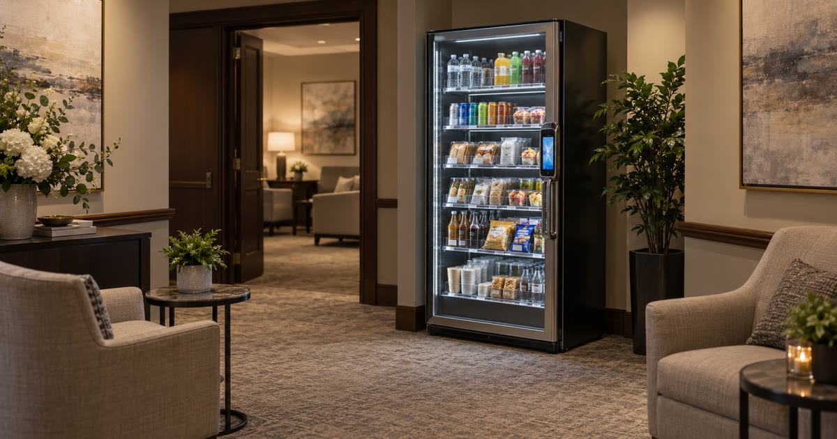 Revvolto stocked glass cooler in a quiet service-venue hospitality alcove with grab-and-go refreshments