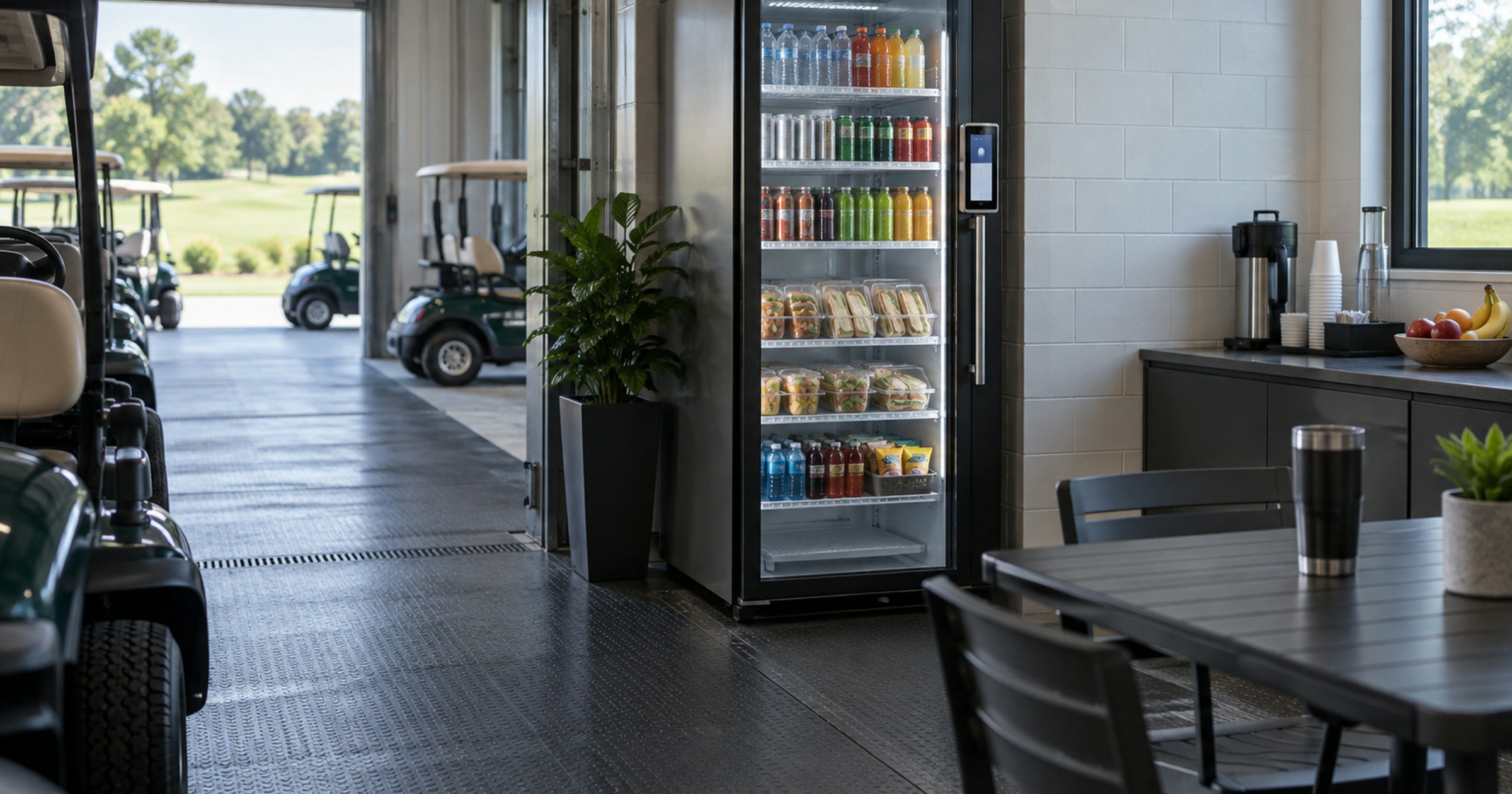 Revvolto smart cooler in a golf club cart barn staff corridor with stocked glass shelves