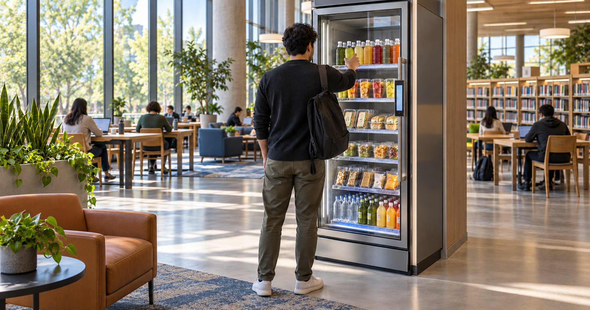 Revvolto smart cooler in a generic civic library event-day lounge with a non-identifiable visitor selecting a drink