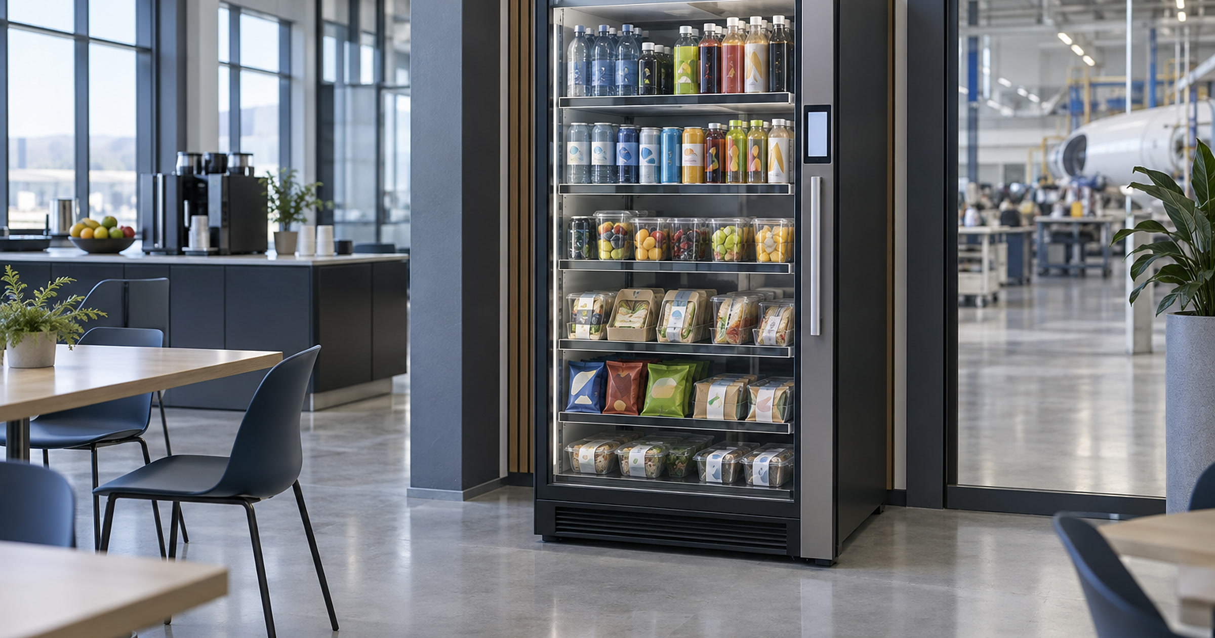 Revvolto smart cooler in an Austin-area manufacturing staff break area with clear glass and stocked products