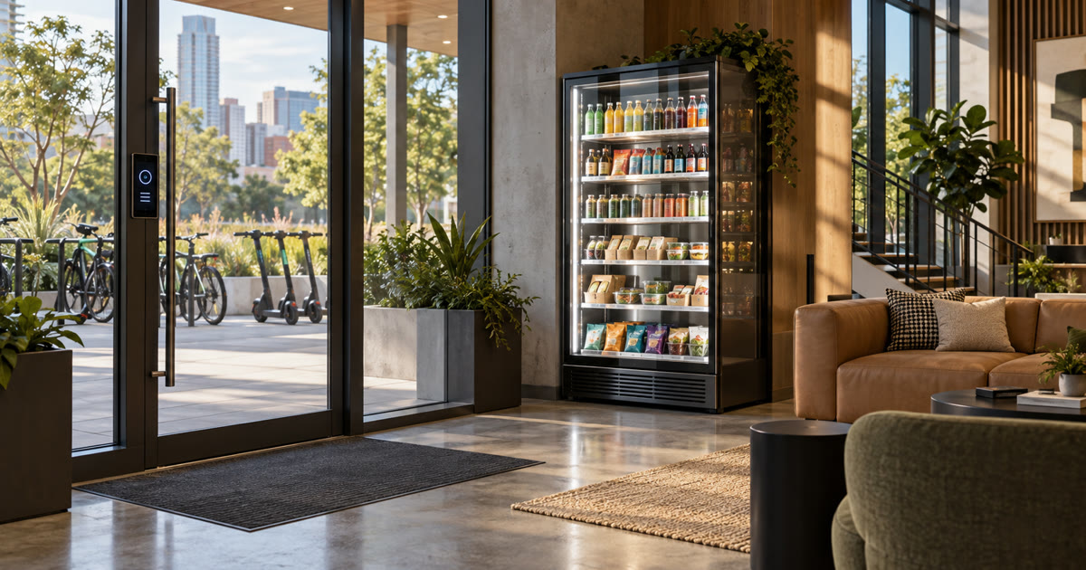 Revvolto smart cooler in an Austin mobility-entry lounge with stocked grab-and-go products