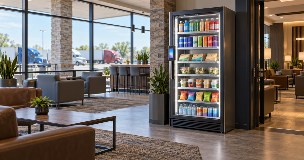 Revvolto smart cooler near a truck stop driver lounge with stocked grab-and-go food and drinks