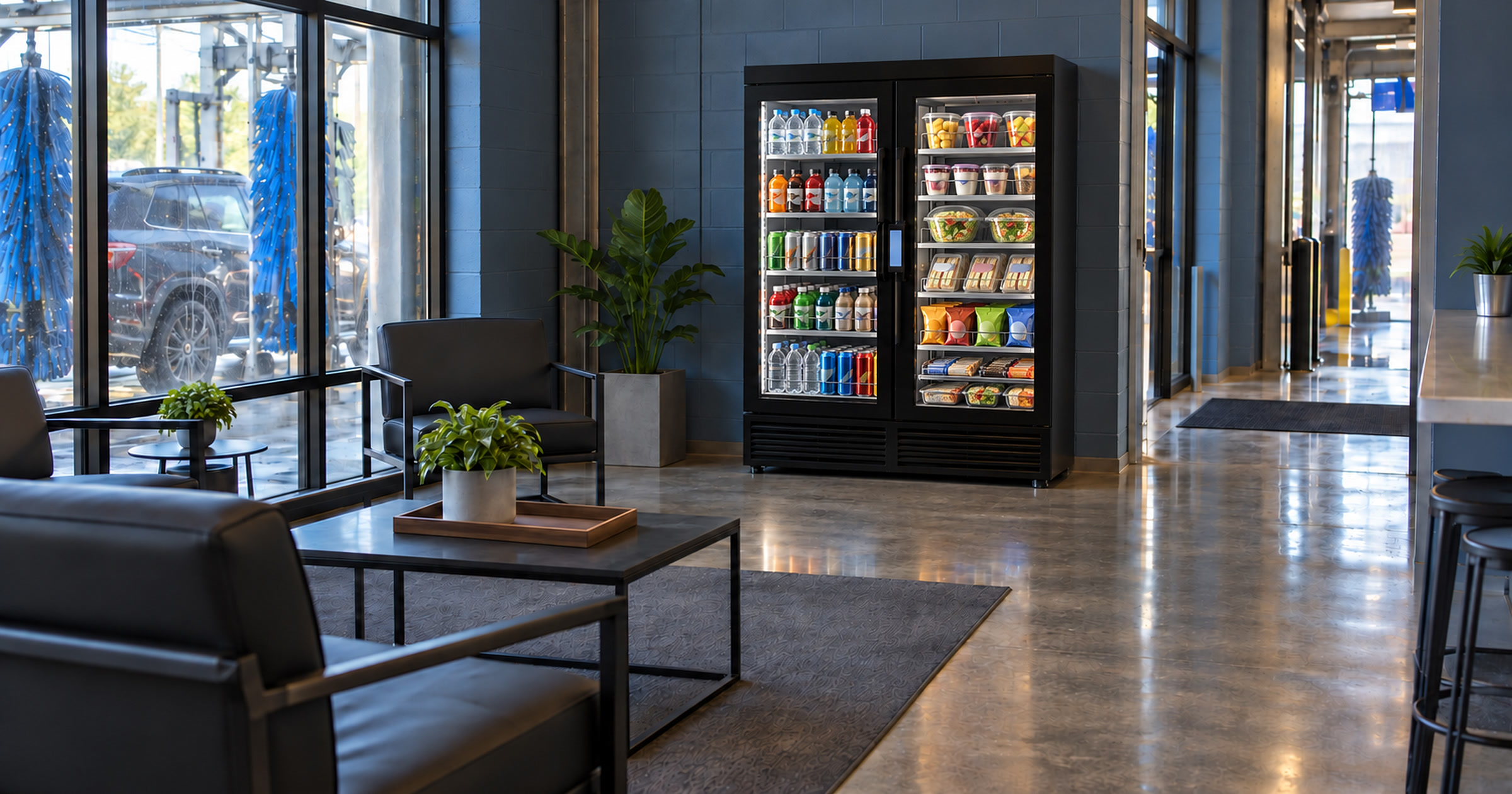 Smart vending preinstall planning in a car wash lounge with a stocked glass cooler in the background