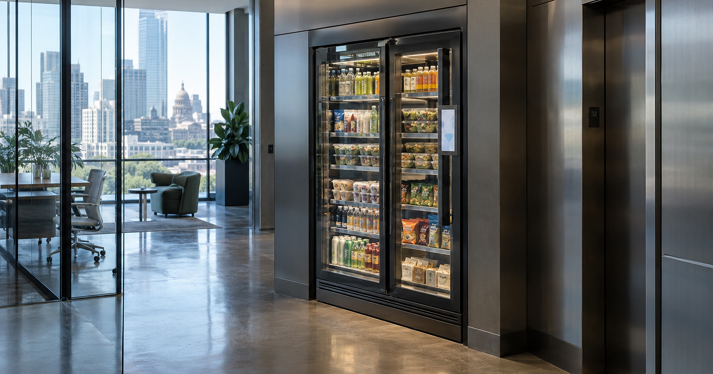 Revvolto smart fridge in a downtown Austin office tower corridor near elevator traffic