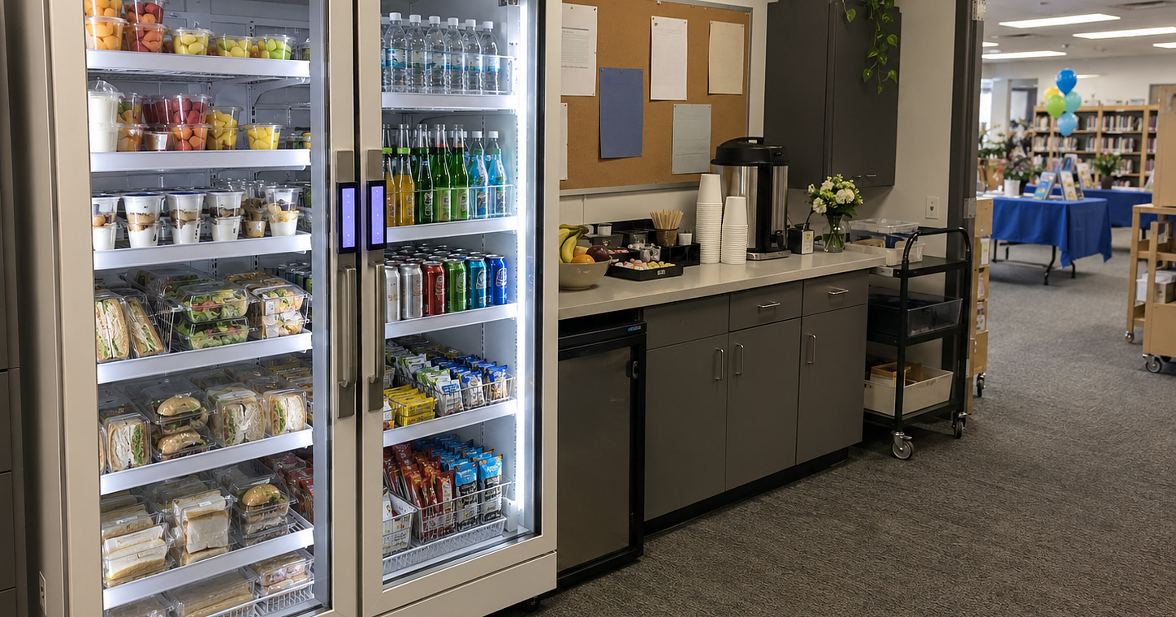 Conceptual Revvolto smart fridge setup in a library staff support room with clear doors and stocked refreshments