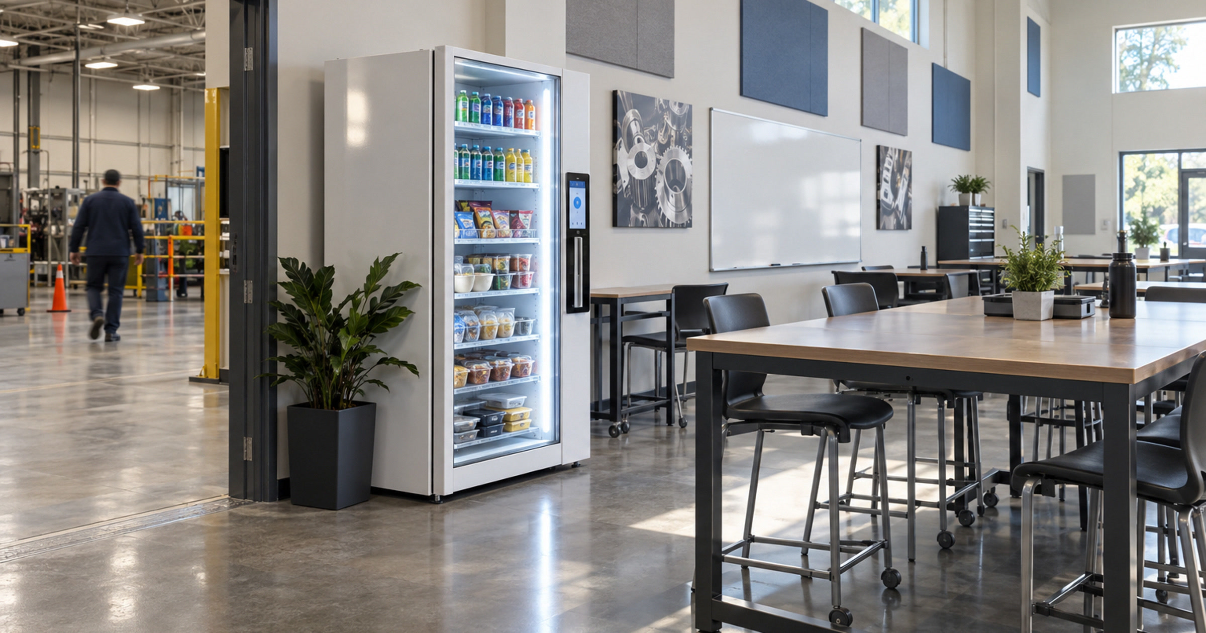 White Revvolto smart fridge in a manufacturing training room near staff shift movement