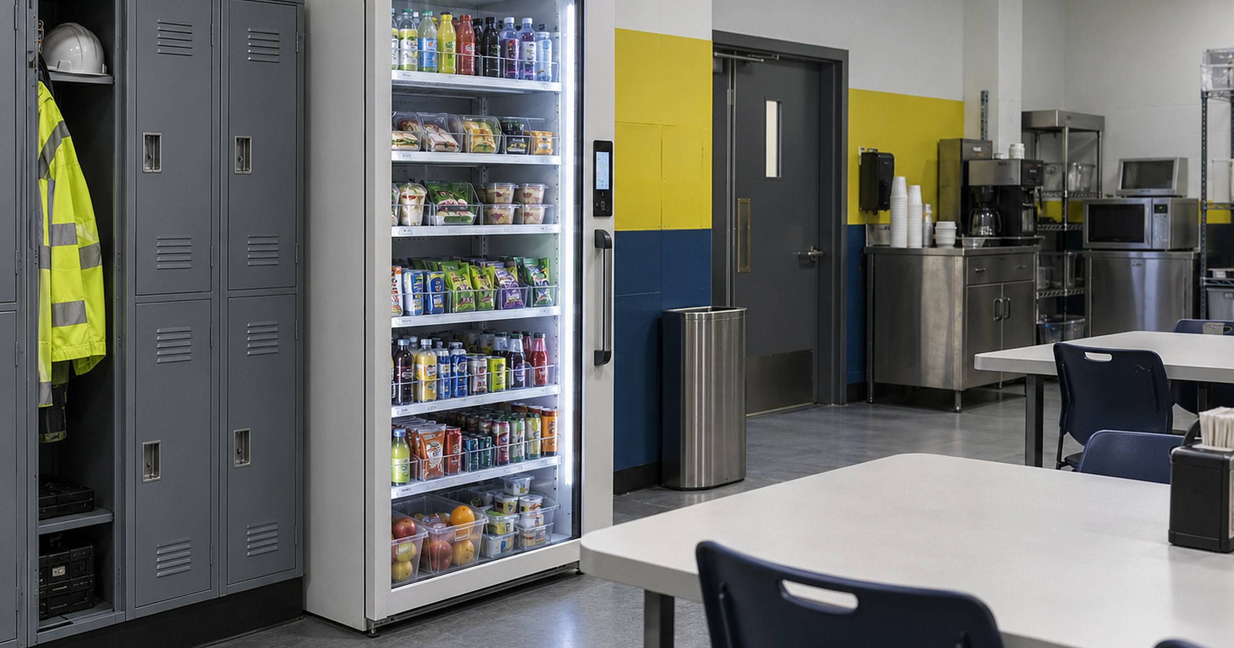 Revvolto smart fridge in a manufacturing staff cafeteria with lockers and stocked clear glass shelves