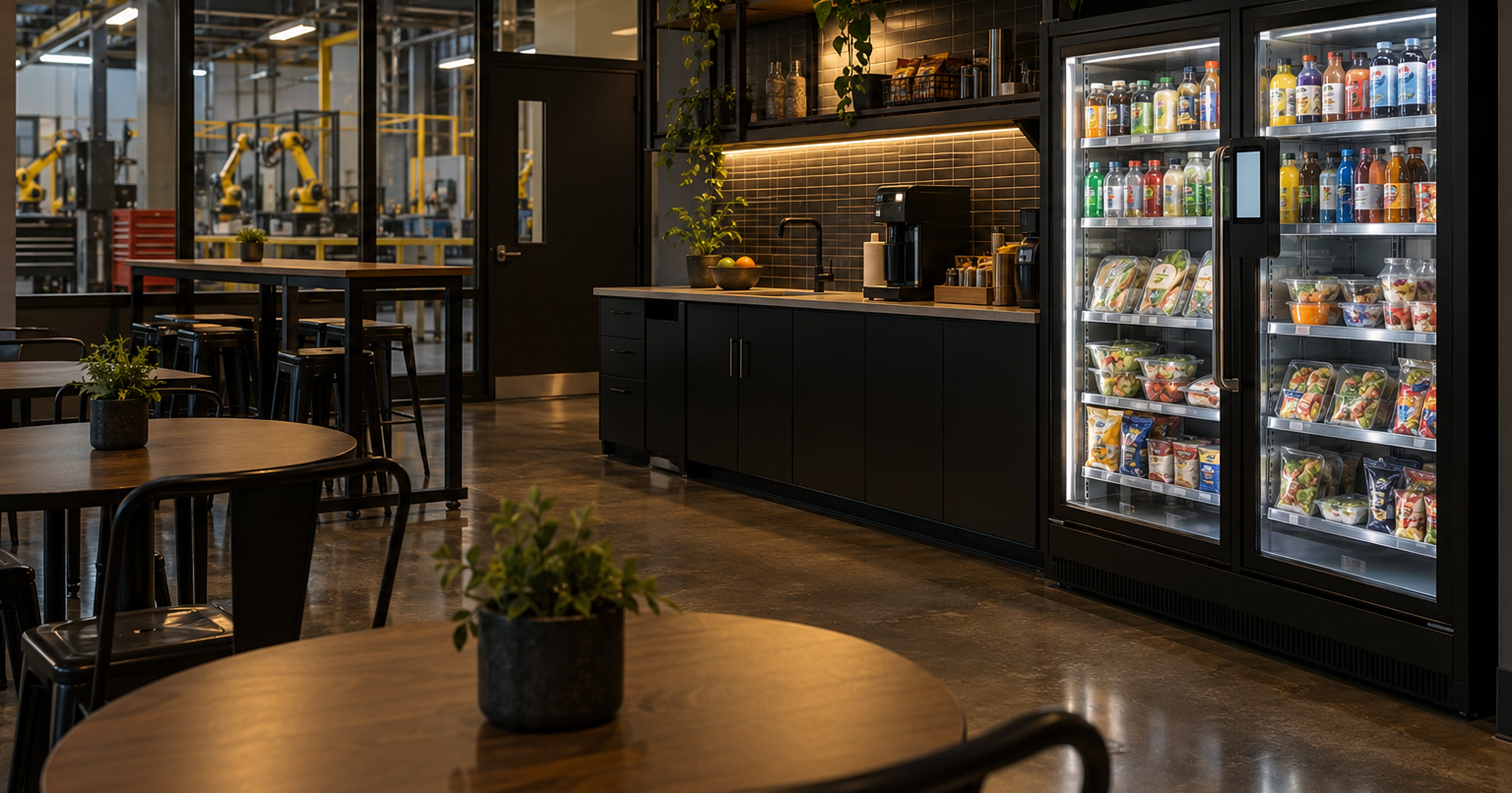 Revvolto smart vending cooler in a manufacturing training lab break area