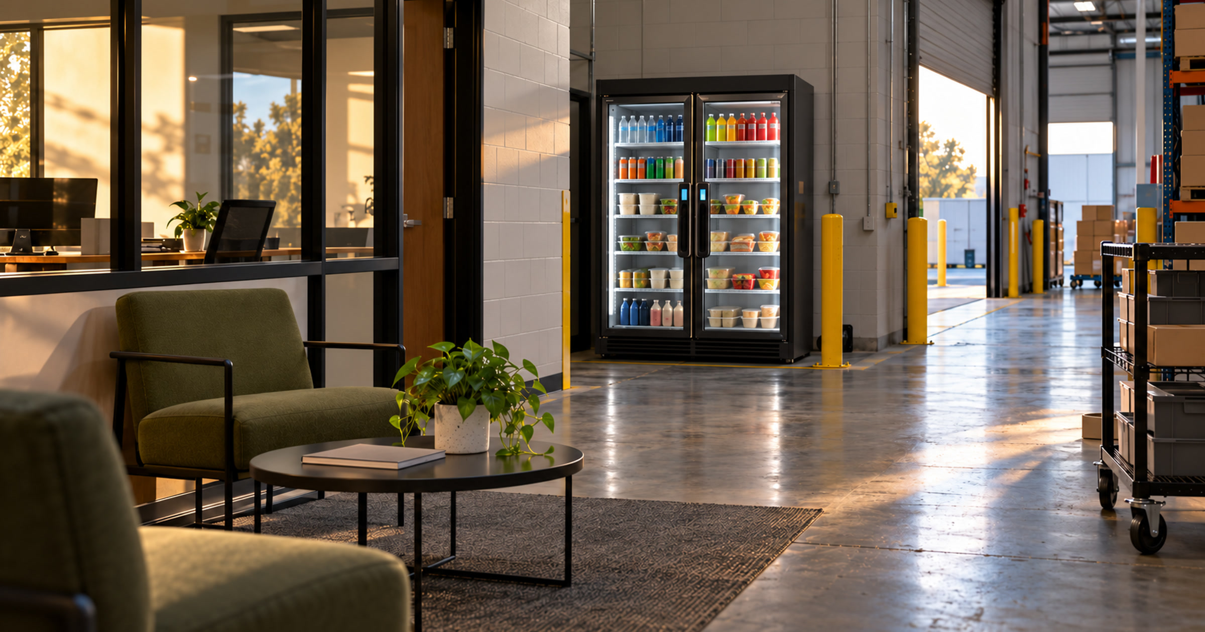 Revvolto smart fridge beside an office lounge and protected warehouse service route at sunset