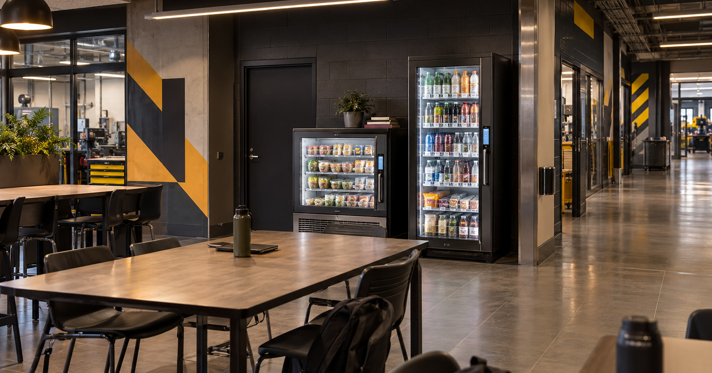 Revvolto smart fridge setup in an evening vocational school student commons between training labs
