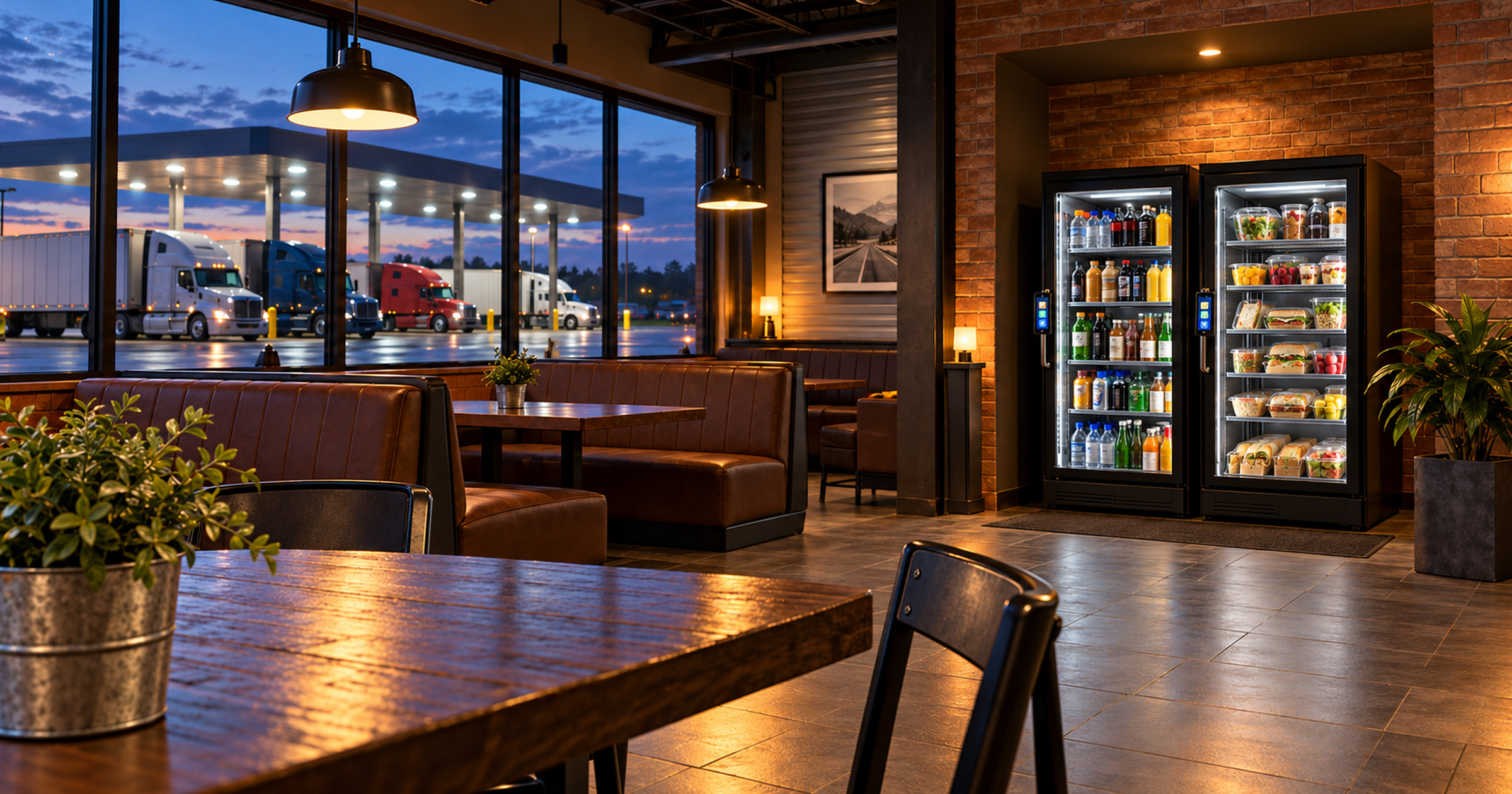 Two smart fridges in an evening truck stop lounge with warm lighting and trucks visible outside