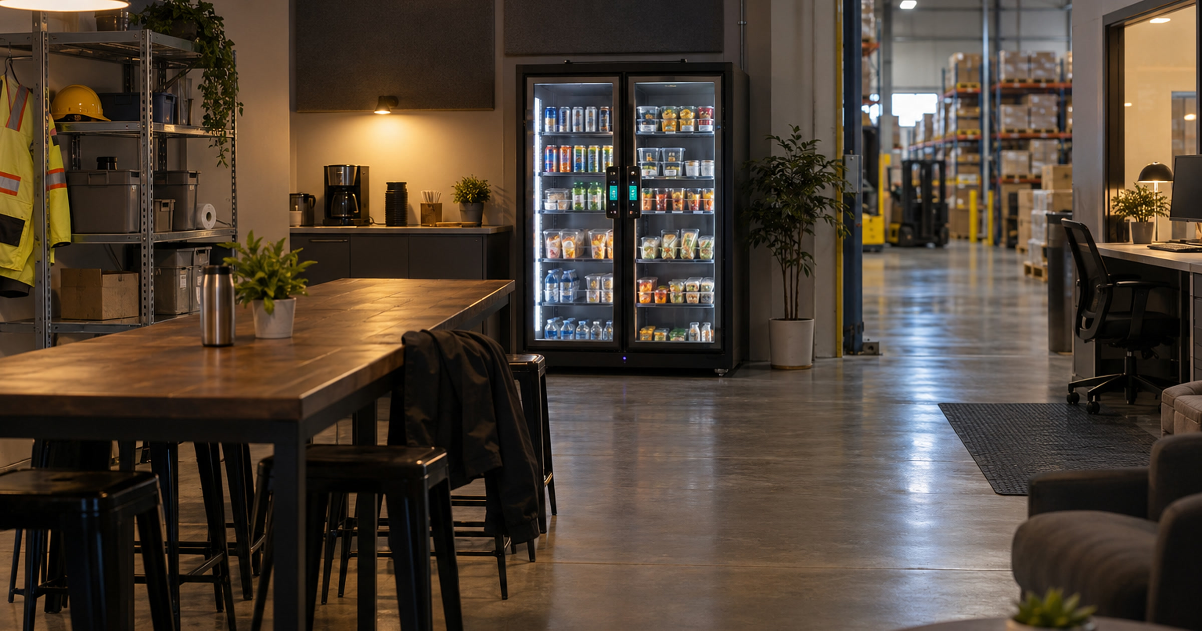 Revvolto smart fridge setup in a light-industrial warehouse break alcove with stocked food and drinks