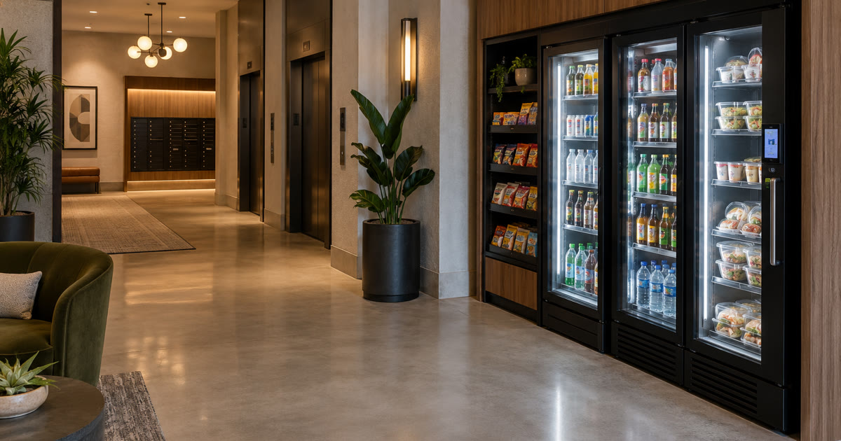 Revvolto smart fridge placed in an apartment amenity area near resident paths and package-room access
