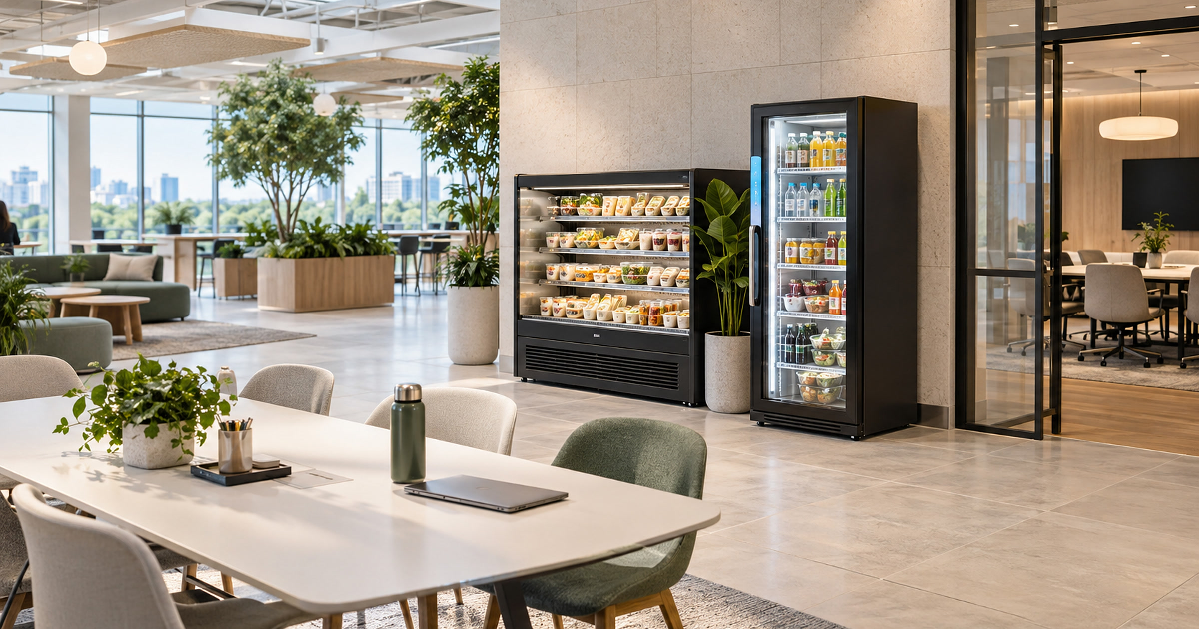 Revvolto smart vending coolers in a coworking focus room area near member work tables