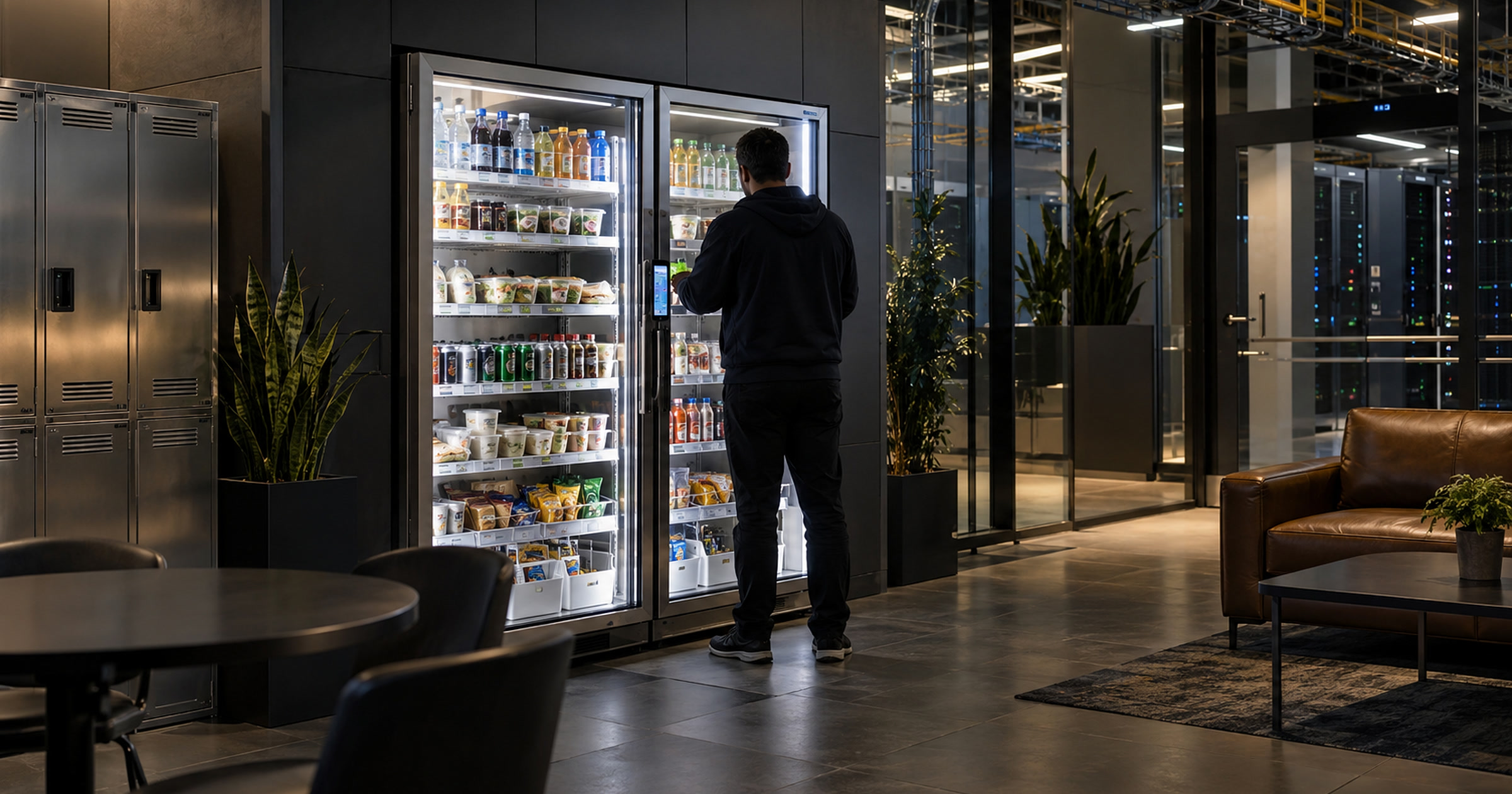 Revvolto smart vending cooler in an Austin secure facility staff lounge after hours
