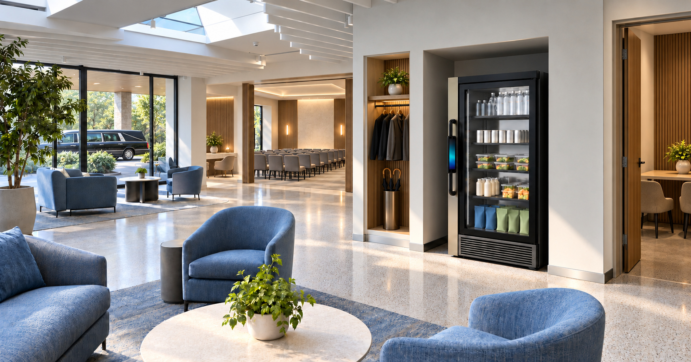 Smart cooler recessed beside a memorial venue visitor lounge with an adjoining gathering room and covered arrival area