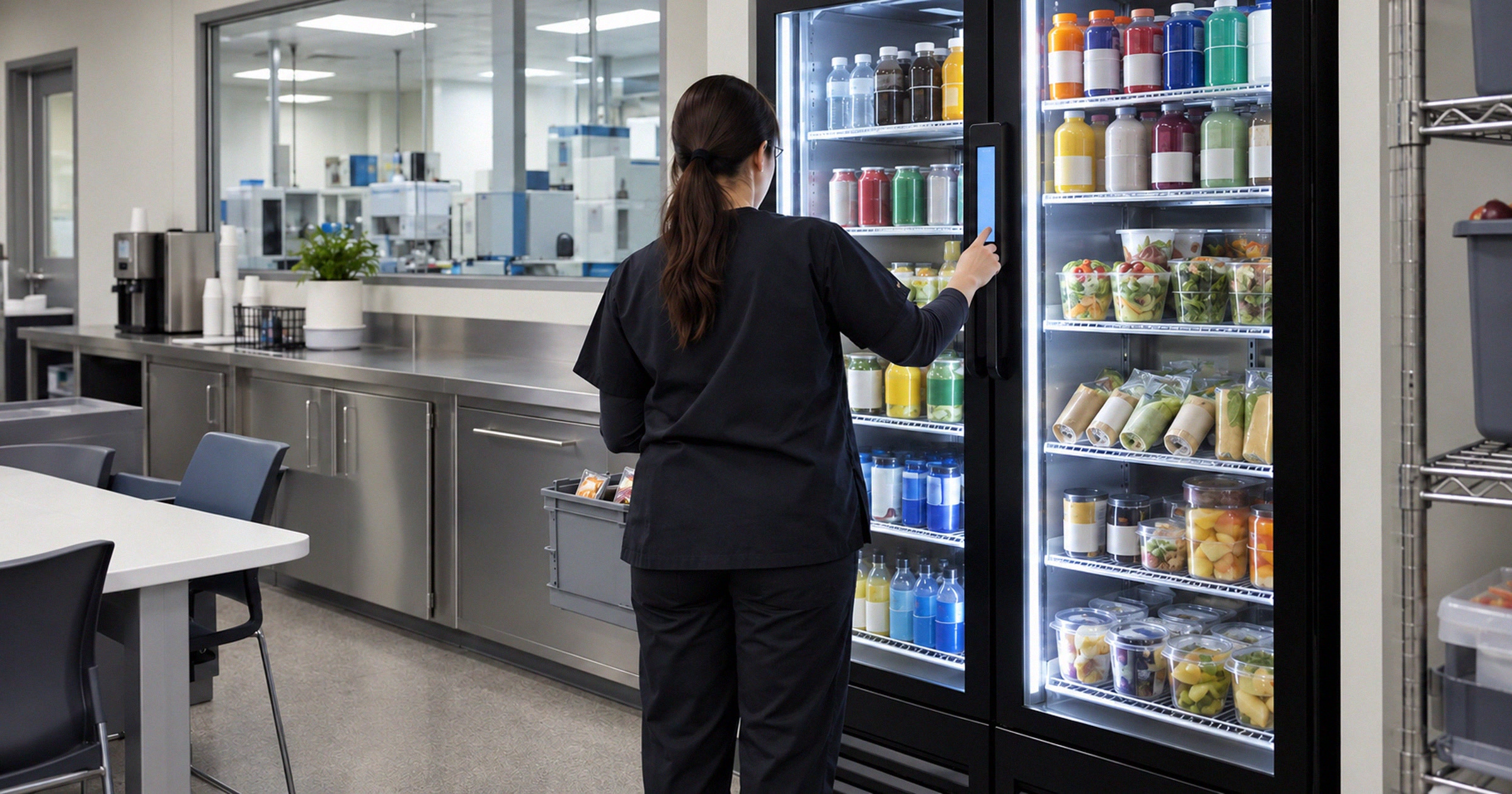 Revvolto smart vending cooler in a lab staff room with a cashless handle interface