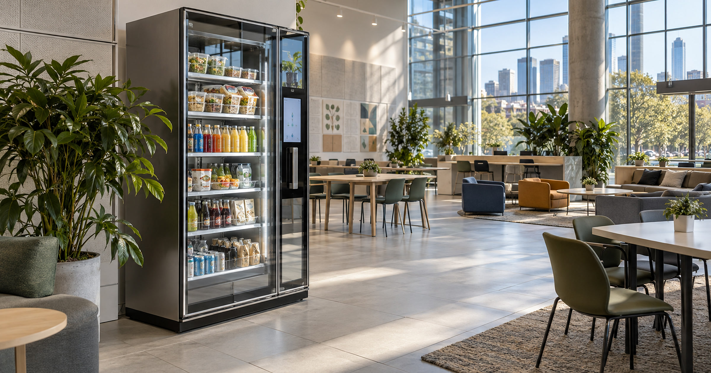 Revvolto smart vending unit in a bright Austin workforce learning lounge with stocked clear glass doors